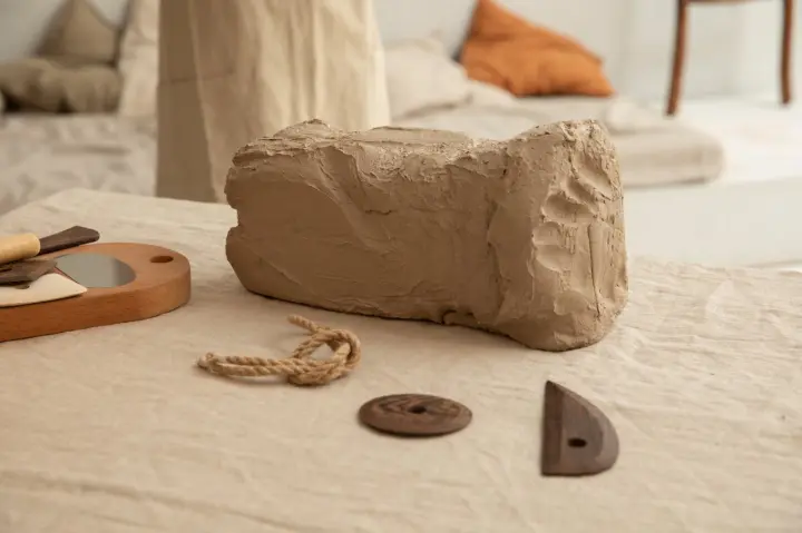 Block of light brown pottery clay with tools on a work surface