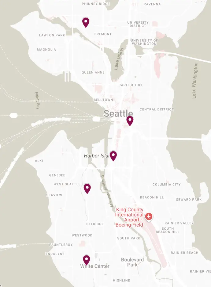 Map of 5 organizations in Seattle selling public firing space